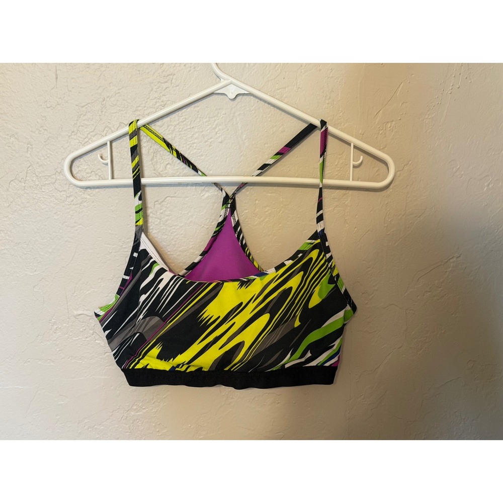 Fabletics Neon Abstract Print Racerback Sports Bra Purple Green Yellow Black